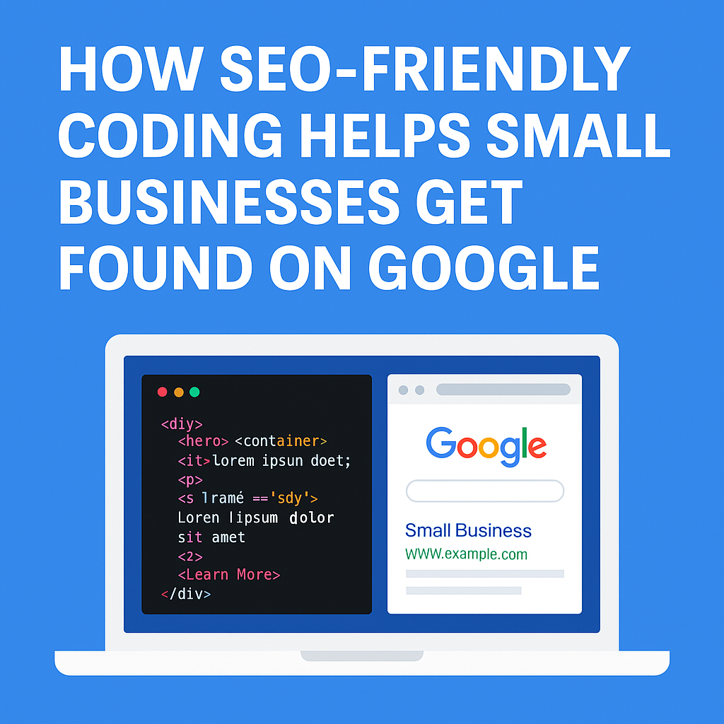 Illustration of laptop showing website code and Google search results, representing SEO-friendly coding for small businesses